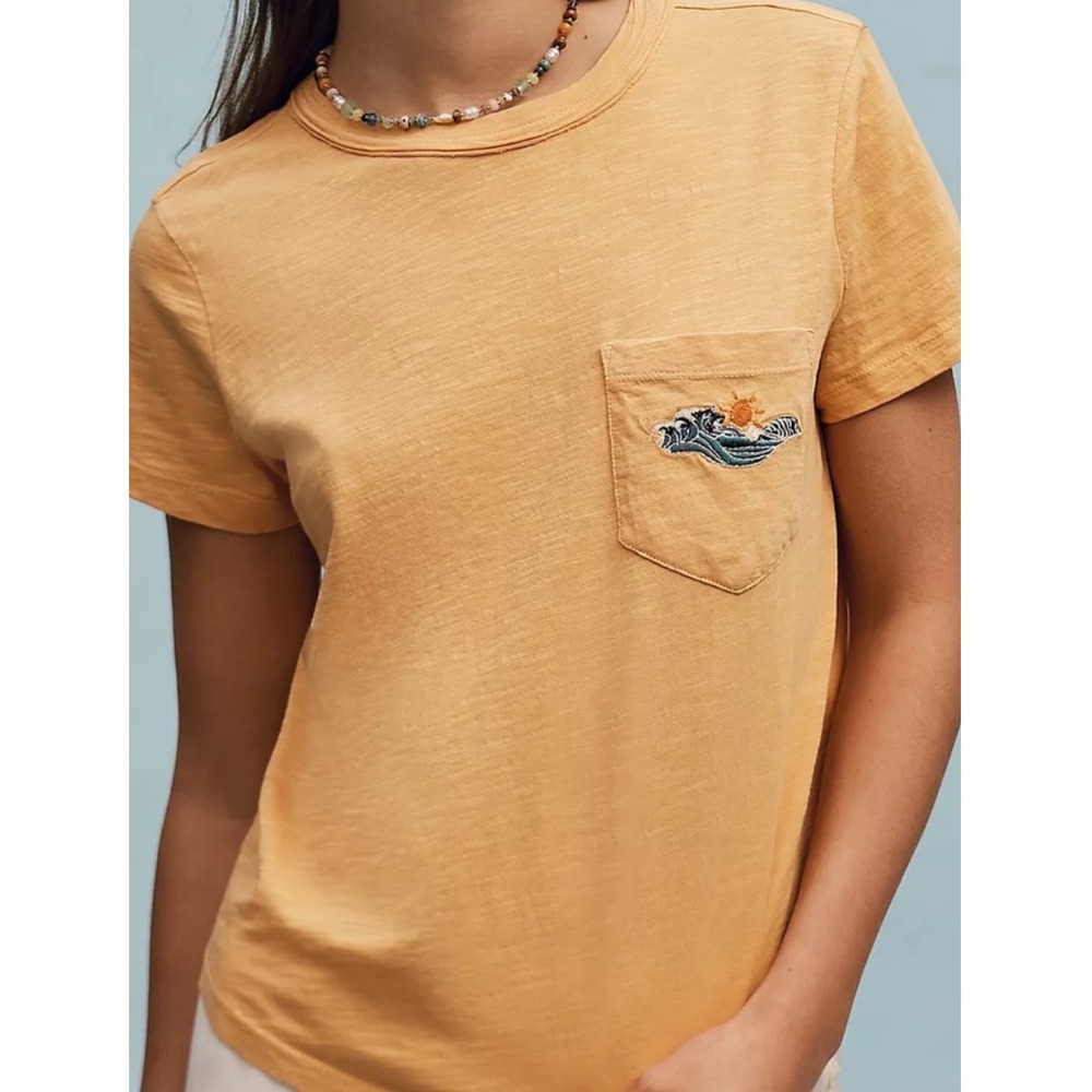 Anthropologie Pilcro Womens Bennie Tee M Orange Embroidered Coastal Slub Cotton